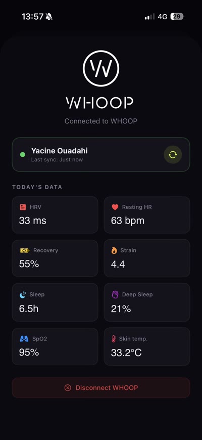 WHOOP integration showing HRV, recovery, sleep data